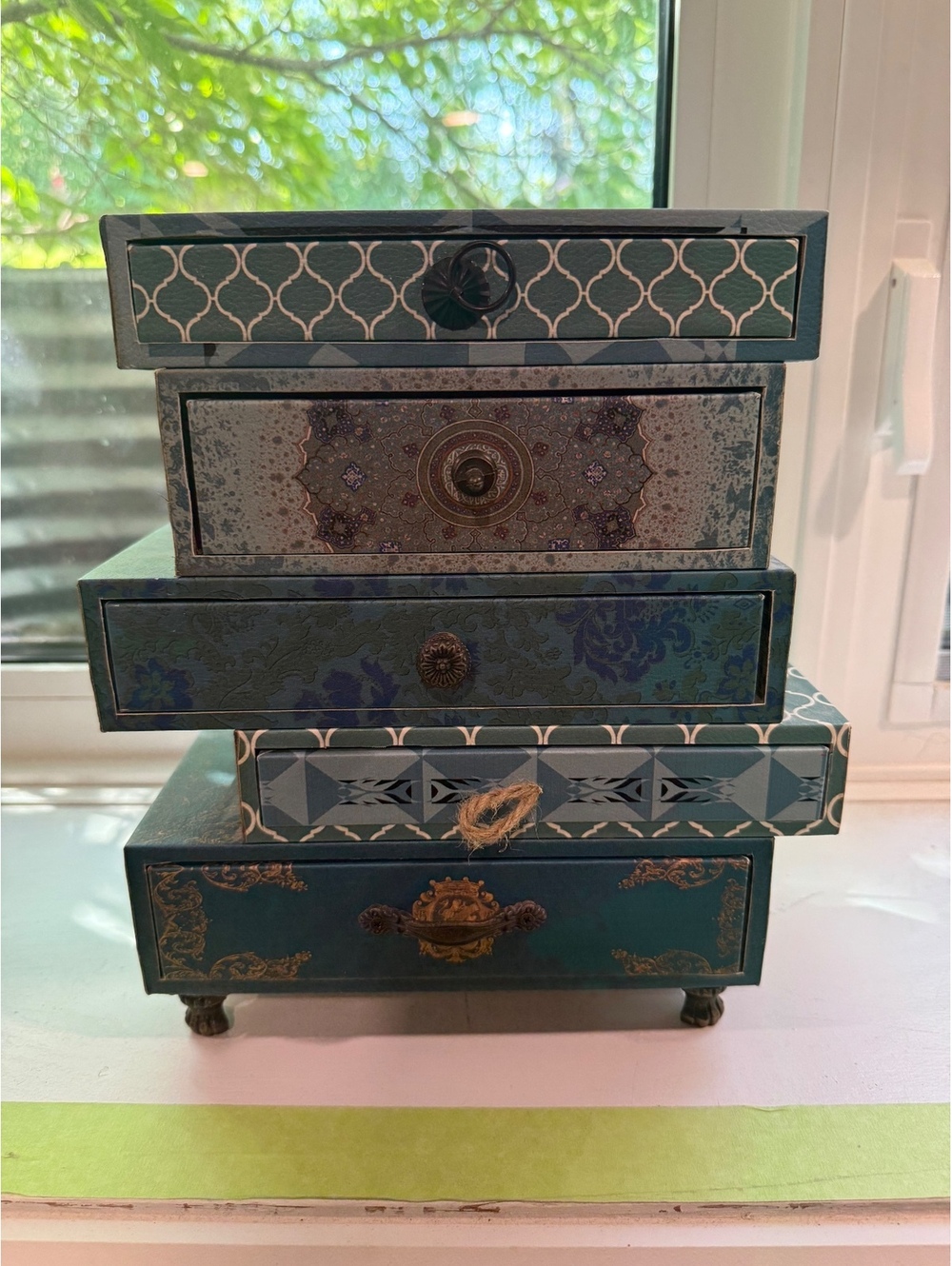 Vintage Style Wooden Jewelry Box Chest – 5 Drawer Decorative Organizer – Teal